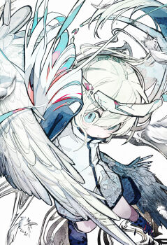 1girl absurdres angel angel_wings artist_logo black_boots blue_eyes boots coat commentary eyes_visible_through_hair falling_feathers feathered_wings feathers hair_between_eyes halo high_collar highres knee_boots logo long_hair long_sleeves original parted_lips solo soresaki variant_set white_coat white_feathers white_hair white_halo white_wings wings