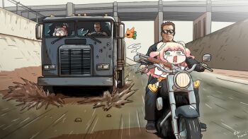 2boys 2girls blonde_hair brown_hair bullet_hole chibi commentary_request crying day double_bun driving ebihuraii3 flower formal_clothes green_eyes gun hair_bun hair_flower hair_ornament head_bump highres holding holding_gun holding_weapon hololive hololive_dev_is isaki_riona momosuzu_nene momosuzu_nene_(1st_costume) motor_vehicle motorcycle multiple_boys multiple_girls nekko_(momosuzu_nene) outdoors pink_hair scared shoes shotgun suit sunglasses t-1000 t-800 terminator_(series) virtual_youtuber weapon yellow_shoes