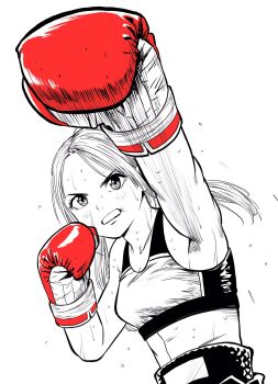 1girl armpits boxing boxing_gloves boxing_shorts breasts commentary_request fighting_stance flying_sweatdrops gloves highres lee_(dragon_garou) linea_alba monochrome motion_lines mouth_guard original ponytail punching red_gloves serious shorts small_breasts solo sports_bra spot_color sweat upper_body