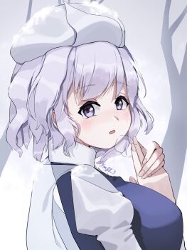 Rule 34 | 1girl, commentary request, cropped legs, from side, highres, letty whiterock, looking at viewer, looking to the side, purple eyes, scarf, solo, touhou, triangular headpiece, twitter username, white background, white scarf, ymg8 3