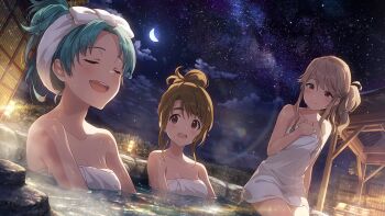 3girls bathing blush breasts brown_eyes brown_hair closed_eyes collarbone commentary_request crescent_moon game_cg green_hair hair_bun idolmaster idolmaster_million_live! idolmaster_million_live!_theater_days looking_at_another miyao_miya moon multiple_girls naked_towel night official_art onsen open_mouth outdoors same-sex_bathing shared_bathing single_hair_bun sitting smile teeth tenkuubashi_tomoka third-party_source tokugawa_matsuri towel towel_on_head upper_teeth_only water wet