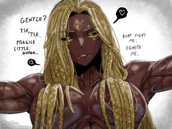 1girl abs assertive_female bare_shoulders black_eyes black_sclera blonde_hair breasts casulrain collarbone colored_sclera commentary covered_erect_nipples dark-skinned_female dark_skin dreadlocks english_commentary english_text facial_mark heart highres large_breasts looking_at_viewer muscular muscular_arms muscular_female nude original pov simple_background size_difference tall_female tribal_print yellow_pupils