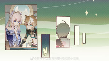 1girl 2boys animal_ears back bare_shoulders blonde_hair blue_dress blunt_bangs brown_hair bug butterfly chinese_commentary cloud cloudy_sky collarbone couple crop_top detached_collar dog_boy dog_ears dress eyeliner bad_tag frilled_dress frilled_sleeves frills from_behind genshin_impact gloves gorou_(genshin_impact) gradient_background gradient_hair green_background green_eyes hair_between_eyes hair_ornament hand_on_own_chin head_tilt highres insect long_hair long_sleeves looking_down looking_to_the_side makeup multicolored_hair multiple_boys navel off_shoulder pink_hair purple_eyes red_eyeliner sangonomiya_kokomi short_hair sky stomach white_gloves wide_sleeves xianyangyutoumalingshu