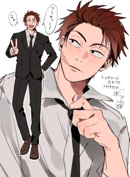 1boy adjusting_clothes adjusting_necktie black_jacket black_necktie black_pants black_suit brown_hair brown_shoes chainsaw_man collared_shirt domanuke_face facial_scar formal_clothes full_body hand_on_own_hip highres jacket male_focus necktie nomo_(chainsaw_man) open_mouth pants parted_lips scar scar_on_cheek scar_on_face shirt shoes short_hair smile solo suit suit_jacket upper_body v white_background white_shirt