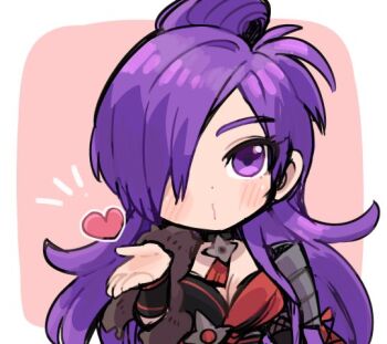 1girl blowing_kiss blush chibi chibi_only female_shez_(covert_mercenary)_(fire_emblem) female_shez_(fire_emblem) fire_emblem fire_emblem:_three_houses fire_emblem_heroes fire_emblem_warriors:_three_hopes heart long_hair looking_at_viewer nintendo official_alternate_costume one_eye_closed purple_eyes purple_hair solo tamatamariso85 upper_body very_long_hair