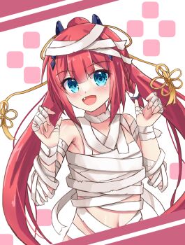 1girl :d bandaged_arm bandaged_chest bandaged_head bandages bare_shoulders blue_eyes blunt_bangs blush braid claw_pose commentary_request eyes_visible_through_hair fang hair_between_eyes hair_ornament hairclip halloween_costume hands_up highres kamiyama_shiki long_hair minatoto mummy_costume naked_bandage navel open_mouth ponytail red_hair side_braid sidelocks simple_background smile solo split_ponytail summer_pockets tassel tassel_hair_ornament upper_body very_long_hair white_background