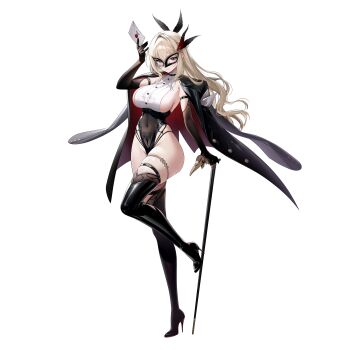 1girl absurdres armband artist_request ass black_boots black_choker black_gloves black_leotard blonde_hair boots breasts cane cape choker choker_over_clothes covered_navel elbow_gloves eye_mask feather_hair_ornament feathers full_body gloves hair_between_eyes hair_ornament highres holding holding_cane holding_letter jewelry karasuba_sapphire large_breasts latex_thigh_boots leg_up leotard letter long_sidelocks looking_at_viewer mask official_art poker_fate purple_eyes see-through_clothes see-through_leotard shirt sideboob sidelocks skindentation solo stamp_mark thigh_boots thighlet thighs white_shirt