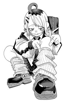 1girl :&gt; absurdres ahoge bag blush boots closed_mouth collared_shirt earrings foreshortening full_body furrowed_brow gavucchi greyscale hair_ornament hairclip half-closed_eyes hatching_(texture) head_down highres jacket jewelry knees_up leg_warmers linear_hatching long_sleeves looking_at_viewer mask mask_pull miniskirt monochrome mouth_mask multicolored_hair multiple_earrings necktie original parallel_hairclips parted_bangs pleated_skirt pointing puffy_long_sleeves puffy_sleeves roots_(hair) school_bag school_uniform shirt short_hair shoulder_bag simple_background sitting skirt solo white_background