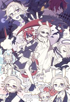 1049927422 2boys :d ^_^ ahoge anger_vein animal_ears animalization aotsuki_eito ascot bag black_dress black_halo black_shoes blue_eyes brown_bag cage cat cat_ears chinese_commentary closed_eyes crescent_moon cross crossdressing crossdressing_(mtf) dress earrings fang foodification gem glasses gloves goat_horns grey_hair grey_ribbon halo handbag heart heart-shaped_pupils high_heels highres holding holding_cross holding_scythe holding_sword holding_weapon horns house in_cage jewelry kemonomimi_mode male_focus mask monocle moon multicolored_hair multiple_boys multiple_views neck_ribbon octopus open_mouth plague_doctor_mask priest purple_eyes purple_gemstone purple_halo rabbit rabbit_ears red_hair ribbon robe scythe shoes short_hair skin_fang small_sweatdrop smile streaked_hair sumino_takumi sunglasses sweat sword symbol-shaped_pupils the_hundred_line_-last_defense_academy- tomato unworn_mask weapon white_ascot white_gloves white_robe