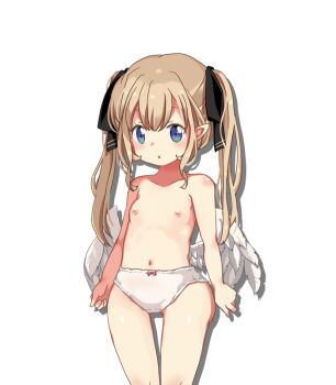 1girl :o angel angel_wings ariel_(oukoku_no_shugo_tenshi) blue_eyes breasts brown_hair collarbone completely_nude cowboy_shot elbow_blush feathered_wings game_cg hair_between_eyes hair_ribbon hikaru_(sgst) inverted_nipples long_hair navel nipples non-web_source nude oukoku_no_shugo_tenshi panties pointy_ears ribbon shoulder_blush sidelocks simple_background small_breasts solo standing tachi-e tareme transparent_background twintails underwear variant_set very_long_hair white_panties white_wings wings