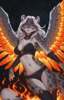 1girl animal_ears blue_eyes breasts commentary english_commentary feathered_wings furry furry_female highres leopard_ears looking_at_viewer medium_breasts navel original personal_ami solo tail thighhighs variant_set wings