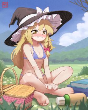1girl 4th_lol apron artist_logo barefoot basket bikini blonde_hair blue_bikini blue_sky blush book bow braid closed_mouth feet full_body grass hair_bow hat hat_bow highres indian_style kirisame_marisa large_hat logo long_hair looking_at_viewer micro_bikini on_ground outdoors pink_bow puffy_sleeves shoes sitting sky socks soles solo swimsuit toenails touhou white_bow white_socks witch_hat yellow_eyes