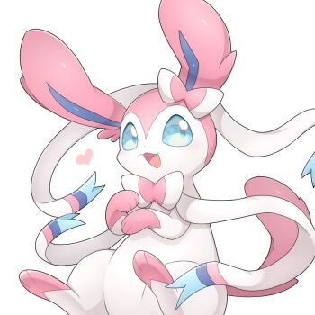 animal_focus blue_eyes blue_sclera blush bow colored_sclera cosmos3572 gen_6_pokemon heart highres looking_at_viewer nintendo no_humans open_mouth pink_fur pokemon pokemon_(creature) pokemon_focus ribbon simple_background smile solo sylveon tail two-tone_fur white_background white_fur