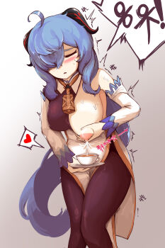 1girl absurdres ahoge bare_shoulders bell black_gloves black_pantyhose blue_hair blush breast_milk_in_container breasts closed_eyes commentary cup detached_sleeves english_commentary ganyu_(genshin_impact) genshin_impact gloves goat_horns highres horns korean_text lactating_into_container lactation large_breasts large_variant_set long_hair looking_at_viewer medium_breasts neck_bell one_breast_out pantyhose projectile_lactation sidelocks solo taphris teacup variant_set white_background