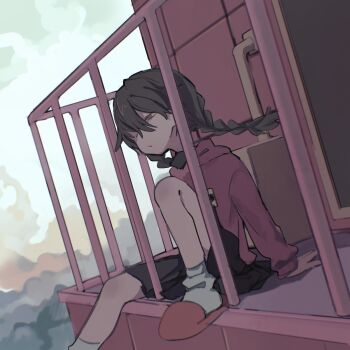 Rule 34 | 1girl, balcony, black skirt, braid, brown hair, checkered clothes, checkered sweater, closed mouth, cloud, expressionless, hand on floor, highres, madotsuki, one eye closed, pink slippers, pink sweater, red eyes, short hair, sitting, skirt, sliding doors, slippers, socks, solo, soumenhiyamugi, sweater, twin braids, white socks, yume nikki