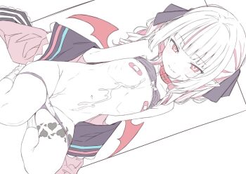 1girl bandaid bandaids_on_nipples blush clothes_down cum cum_on_body flat_chest heart heart_tattoo leg_tattoo light_smile loli long_hair looking_at_viewer makaino_ririmu makaino_ririmu_(4th_costume) multicolored_hair navel nijisanji osanai_sanday panties panty_pull pasties pointy_ears red_eyes ribs sitting socks solo tattoo two-tone_hair underwear virtual_youtuber