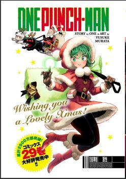 Rule 34 | 1girl, 2boys, bankenman, beard, bell, black pantyhose, boots, brown gloves, christmas, closed mouth, dress, facial hair, gloves, green eyes, green hair, hat, holding, holding sack, hood, long hair, long sleeves, looking at viewer, midair, monster, multiple boys, murata yuusuke, official art, one-punch man, overgrown rover, pantyhose, red footwear, sack, saitama (one-punch man), santa costume, santa dress, santa hat, sitting, sleigh, smile, tatsumaki