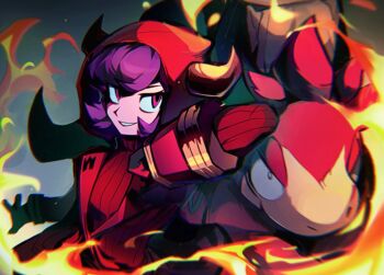 1girl camerupt commentary_request courtney_(pokemon) fake_horns fire fmpkm666 gen_3_pokemon gloves hand_up hood hood_up hooded_vest hoodie horns logo looking_to_the_side nintendo parted_lips pokemon pokemon_(creature) pokemon_oras purple_eyes purple_hair red_sweater short_hair smile sweater team_magma team_magma_uniform vest