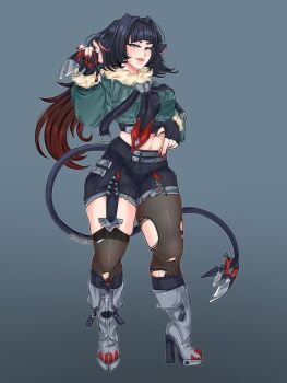 Rule 34 | 1girl, 2025, absurdres, animal ears, arm up, black hair, black shorts, blue eyes, boots, brown pantyhose, brown thighhighs, coat, commission, ear piercing, female focus, fingernails, gradient hair, grey boots, grey coat, half-closed eyes, high heel boots, high heels, highres, holding, holding knife, jane doe (zenless zone zero), knife, long hair, looking at viewer, mechanical tail, mittensmew360, mouse ears, mouse girl, mouse tail, multicolored hair, nail polish, pantyhose, piercing, pink lips, prehensile tail, red hair, red nails, shorts, single leg pantyhose, single thighhigh, sleeveless, solo, tail, tail hold, thick lips, thick thighs, thighhighs, thighs, torn clothes, torn pantyhose, torn thighhighs, two-tone hair, zenless zone zero