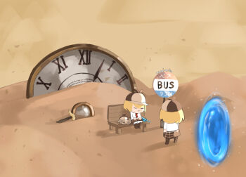 2girls ameiarts analog_clock artist_name back blonde_hair brown_footwear brown_hat bubba_(watson_amelia) bus_stop chibi chibi_only clock closed_eyes commentary deerstalker desert dial dog dual_persona english_commentary from_behind hat highres hololive hololive_english long_sleeves magnifying_glass multiple_girls necktie on_bench outdoors plaid_clothes plaid_skirt portal_(object) red_necktie roman_numeral shirt sitting skirt sleeping smol_ame standing syringe virtual_youtuber watson_amelia watson_amelia_(1st_costume) white_shirt wide_shot