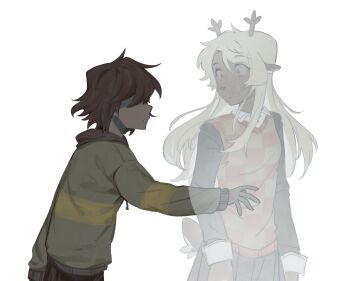 1girl 1other antlers black_hood black_shirt black_skirt blonde_hair brown_hair checkered_clothes checkered_sweater_vest collared_shirt commentary deer_antlers deer_girl deer_tail deltarune english_commentary furry furry_female ghost goomyloid hair_over_eyes highres horns kris_(deltarune) long_hair noelle_holiday parted_lips reaching reaching_towards_another shirt short_hair skirt striped_clothes striped_sweater sweater tail utdr_(toby_fox)