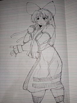 1girl ainu_clothes breasts fingerless_gloves gloves hair_ribbon highres large_breasts legs long_hair monochrome nakoruru open_mouth outstretched_arm pants ribbon samurai_spirits sketch smile snk solo the_king_of_fighters thighs traditional_media