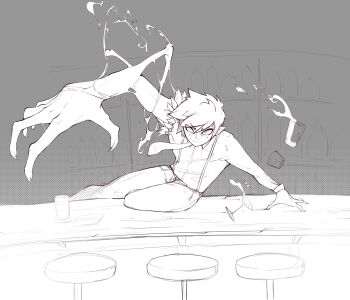 absurdres bar_(place) bar_stool bartender crack cracked_glass cup damaged drinking_glass highres luxu necktie original pointy_ears spilling stool transformation