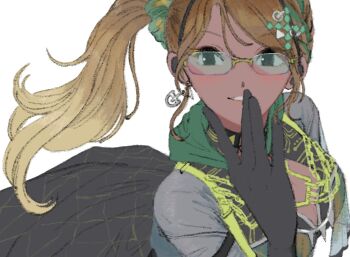 Rule 34 | 1girl, black eyes, blonde hair, breasts, brown hair, cleavage, dark-skinned female, dark skin, earrings, glasses, gradient hair, green scrunchie, hair ornament, hair scrunchie, hand to own mouth, hand up, highres, idol clothes, idolmaster, idolmaster shiny colors, izumi mei, jewelry, long hair, looking at viewer, multicolored hair, scrunchie, side ponytail, simple background, solo, subro, upper body, white background