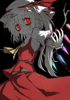 1girl absurdres aizettonagi ascot bags_under_eyes black_background blonde_hair chain crystal crystal_wings flandre_scarlet glowing glowing_eyes hat hat_ribbon highres looking_at_viewer mob_cap multicolored_wings one_side_up red_nails red_skirt red_vest ribbon scrunchie side_ponytail simple_background skirt skirt_set solo touhou vest white_hat wings wrist_scrunchie yellow_ascot