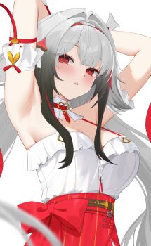 1girl 4kebidayo animal_ears armpits arms_behind_head arms_up bare_shoulders black_hair blurry blurry_foreground blush bow breasts commentary commentary_request droopy_ears english_commentary hair_intakes hair_ornament hairband highres jewelry large_breasts long_hair looking_at_viewer mixed-language_commentary multicolored_hair official_alternate_costume parted_lips presenting_armpit red_bow red_eyes shirt solo upper_body very_long_hair white_hair white_hairband white_shirt ye_shunguang ye_shunguang_(touch_of_dawnlight) zenless_zone_zero