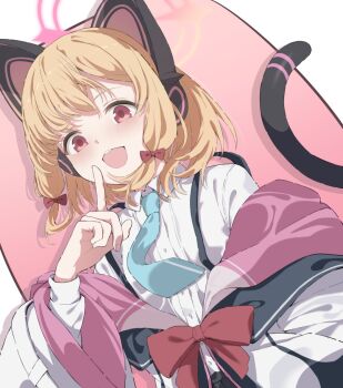 1girl animal_ear_headphones animal_ears aqua_necktie blonde_hair blue_archive bow cat_ear_headphones cat_ears cat_tail collared_shirt commentary fake_animal_ears hair_bow halo headphones index_finger_raised jacket looking_at_viewer maosame momoi_(blue_archive) necktie open_mouth pink_background pink_halo red_bow red_eyes shirt short_hair solo tail teeth two-tone_background upper_teeth_only white_background white_jacket white_shirt