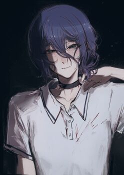 1girl black_background black_choker blue_hair chainsaw_man choker closed_mouth grenade_pin grey_eyes hair_between_eyes highres looking_at_viewer moku_(muooku) polo_shirt reze_(chainsaw_man) shirt solo white_shirt