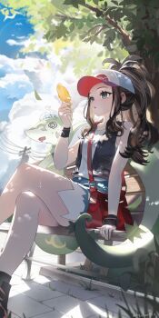 1girl @_@ baseball_cap black_vest blue_eyes blue_shorts blue_sky blush breasts brown_hair cloud commentary_request crossed_legs cutoffs denim denim_shorts drooling exposed_pocket food gen_5_pokemon hat high_ponytail highres hilda_(pokemon) holding holding_food holding_popsicle ice_pack korean_commentary long_hair mouth_drool naz_(hsae3838) nintendo on_bench on_head open_clothes open_mouth open_vest outdoors poke_ball_print pokemon pokemon_(creature) pokemon_black_and_white ponytail popsicle power_lines serperior shirt shorts sidelocks sitting sky sweat tree vest white_shirt wristband