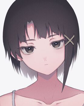 1girl asymmetrical_bangs asymmetrical_hair brown_eyes brown_hair commentary expressionless hair_ornament head_tilt highres iwakura_lain looking_at_viewer m1stm1 portrait serial_experiments_lain short_hair single_sidelock solo spaghetti_strap white_background x_hair_ornament