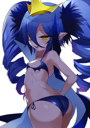 Rule 34 | 1girl, ass, bare shoulders, bikini, blue bikini, blue cape, blue hair, blush, bombergirl, breasts, cape, crown, drill hair, hair between eyes, highres, lewisia aquablue, long hair, looking at viewer, micro bikini, open mouth, pointy ears, popped collar, shade, shimejinameko, small breasts, smile, solo, swimsuit, thick thighs, thighs, tongue, tongue out, twin drills, yellow eyes