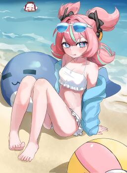 1girl :q absurdres alternate_costume anger_vein aqua_streaks aria_(human)_(zenless_zone_zero) aria_(zenless_zone_zero) ball barefoot beach beachball bikini black_bow blue-tinted_eyewear blue_archive blue_eyes blue_jacket blush bow closed_mouth collarbone crossed_bangs day doodle_sensei_(blue_archive) eyewear_on_head feet frilled_bikini frills hair_between_eyes hair_bow highres hoshino_(blue_archive) hoshino_(swimsuit)_(blue_archive) inflatable_toy inflatable_whale ishiro jacket knees_up loli long_sleeves looking_at_viewer multicolored_hair navel ocean off_shoulder on_ground open_clothes open_jacket outdoors pink_hair quad_tails sand sensei_(blue_archive) sitting sleeves_past_wrists smile star-shaped_pupils star_(symbol) streaked_hair sunglasses sunglasses_on_head swimsuit symbol-shaped_pupils tinted_eyewear toes tongue tongue_out water white_bikini zenless_zone_zero