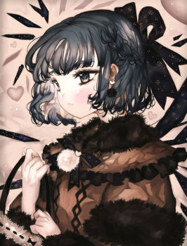 1girl alternate_costume black_bow black_bowtie black_ribbon blue_eyes blush bow bowtie braid brown_capelet brown_shirt capelet cirno closed_mouth commentary_request detached_wings earrings eyelashes frilled_capelet frills frown fur-trimmed_sleeves fur_trim grey_background hair_ribbon half_up_braid heart highres ice ice_wings jewelry majamari pom_pom_(clothes) pom_pom_earrings ribbon shirt short_hair solo touhou upper_body wings