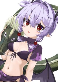 1girl akisome_hatsuka alternate_costume bat_wings bikini blush breasts commentary_request cowboy_shot dragon dutch_angle eastern_dragon front-tie_bikini_top front-tie_top hair_between_eyes hair_intakes looking_at_viewer medium_hair navel open_mouth pointy_ears purple_bikini purple_hair purple_sarong purple_shrug red_eyes remilia_scarlet sarong short_hair_with_long_locks short_sleeves shrug_(clothing) simple_background small_breasts solo stomach swimsuit touhou white_background wings