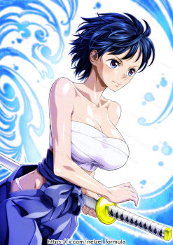 Rule 34 | blue eyes, duplicate, fighting stance, holding, holding sword, holding weapon, japanese clothes, katana, navy blue hair, nel-zel formula, non-web source, one piece, shimotsuki kuina, short hair, sword, weapon