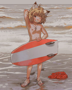 1boy animal_ears arm_up armpits beach blonde_hair brown_eyes dfer full_body highres jewelry male_focus male_swimwear necklace nipples nude one_eye_closed original sand short_hair shota solo standing surfboard swim_trunks tooth_necklace unworn_clothes waves