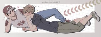 Rule 34 | 2boys, black hair, blue oak, blue pants, border, brown eyes, brown hair, capri pants, closed mouth, commentary request, denim, english text, eye contact, green pants, green shoes, grid background, hand on another's head, hand on own face, head rest, heart, highres, jeans, looking at another, lying, male focus, multiple boys, nintendo, on side, on stomach, outside border, pants, pk rgr96, pokemon, pokemon sm, print shirt, red (pokemon), red shoes, shirt, shoes, short hair, smile, t-shirt, yaoi