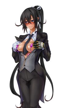 00s 1girl black_hair black_necktie blue_eyes blush breasts breasts_out butler cowboy_shot crossdressing_(ftm) cyborg embarrassed female_butler female_focus formal_clothes fuuma_amane gloves hair_between_eyes hair_ribbon highres long_hair mechanical_hands necktie nipple_stimulation no_bra nose_blush open_clothes pants ponytail prosthesis prosthetic_arm pussy_juice ribbon sex_toy shindol single_glove single_mechanical_hand small_breasts solo standing suit_pants sweat tailcoat taimanin_(series) taimanin_asagi taimanin_asagi_kessen_arena unbuttoned very_long_hair vibrator vibrator_on_nipple wet wet_clothes white_gloves white_ribbon