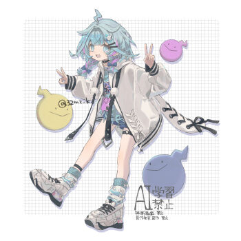 1girl :d ahoge ankle_strap black_choker blue_bow blue_eyes blue_hair blue_shirt blue_shorts blue_socks border bow braid choker commentary double_v drop_shadow full_body grid_background hair_bow hair_flaps hair_intakes hair_ornament hairclip heart heart_o-ring highres hololive hololive_dev_is hood hooded_jacket jacket lightning_ahoge long_sleeves looking_at_viewer loose_socks low_twin_braids mizumiya_su mizumiya_su_(1st_costume) mizutama_(32mz_k) multicolored_hair o-ring o-ring_choker o-ring_thigh_strap open_clothes open_jacket open_mouth outside_border parallel_hairclips pink_streaks print_shirt rekio_(mizumiya_su) shirt shoes shorts smile sneakers socks solo_focus standing streaked_hair thigh_strap torn_clothes torn_shirt twin_braids twitter_username two-tone_hair v virtual_youtuber watermark white_border white_jacket white_shoes x_hair_ornament