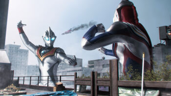 Rule 34 | 295609159hhj, 2boys, absurdres, aircraft, airplane, alien, arm guards, arm up, armor, black skin, blue eyes, blue sky, box, breastplate, broom, building, city, cityscape, clenched hand, color timer, colored skin, commentary, compound eyes, crystal, day, dorsal fin, evil tiga, fighter jet, fighting stance, figure (medium), forehead jewel, from behind, giant, giant male, glowing, glowing eyes, gold trim, guts wing ex-j, hands up, highres, looking at another, male focus, military vehicle, multiple boys, muscular, muscular male, no pupils, open hands, outdoors, pectorals, photo (medium), photoshop (medium), plant, purple skin, railing, red skin, rooftop, sack, silver skin, sky, smoke, smoke trail, spine, standing, tokusatsu, ultra series, ultraman tiga, ultraman tiga (multi type), ultraman tiga (series), upper body, white eyes, wrinkled skin