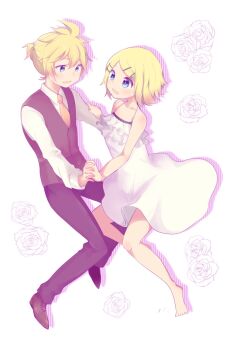 1boy 1girl adolescence_(vocaloid) aoi_choko_(aoichoco) bad_id bad_twitter_id bare_arms bare_legs bare_shoulders barefoot blonde_hair brother_and_sister camisole collarbone dancing eye_contact flat_chest floating_hair flower full_body hair_ornament hairclip halterneck highres holding_hands interlocked_fingers kagamine_len kagamine_rin looking_at_another necktie open_mouth pants ponytail rose shirt shoes short_hair short_ponytail siblings sleeveless_blazer smile spaghetti_strap twins vocaloid white_camisole yellow_neckwear
