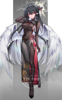 1girl absurdres angel angel_wings arm_behind_head black_hair black_pantyhose black_shoes bodystocking breasts china_dress chinese_clothes closed_mouth colored_inner_hair dress eyelashes feathered_wings full_body gradient_background hair_between_eyes hair_bun hair_intakes hair_ornament halo high_heels highleg highleg_dress highres lace lace-trimmed_dress lace_trim large_breasts long_hair looking_at_viewer multicolored_hair original pantyhose pointy_ears rimworld shoes shrug_(clothing) side_slit side_up_bun sideboob solo standing tassel very_long_hair water white_hair white_wings wings yinber