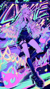 1girl absurdres aqua_necktie black_skirt black_socks blonde_hair blue_eyes breasts can cleavage commentary full_body graffiti hair_between_eyes headphones headphones_around_neck highres holding holding_can jewelry looking_at_viewer lynae_(wuthering_waves) maegjuw medium_breasts necklace necktie shirt shirt_tucked_in skirt smile socks solo spray_can standing white_shirt wuthering_waves