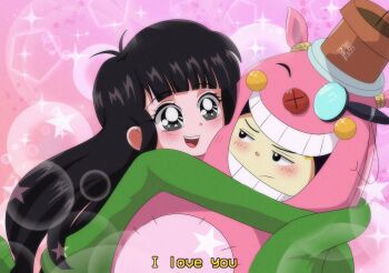 1990s_(style) 1boy 1girl black_hair blunt_bangs brenni_murasaki character_request clip_studio_paint_(medium) codename:_kids_next_door green_shirt highres long_hair long_sleeves numbuh_3 numbuh_4 open_mouth retro_artstyle scene_reference shirt sleeves_past_wrists smile