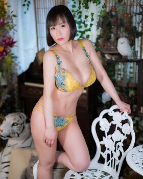 1girl bra breasts brown_eyes brown_hair chair female_focus highres large_breasts looking_at_viewer medium_hair model panties partially_undressed photo_(medium) real_life shibuya_kaho smile solo underwear