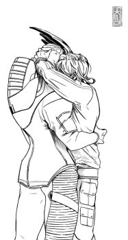 1boy 1girl alien commander_shepard commander_shepard_(female) couple garrus_vakarian greyscale highres hug mass_effect_(series) monochrome tumblr turian white_background yu-chunsam